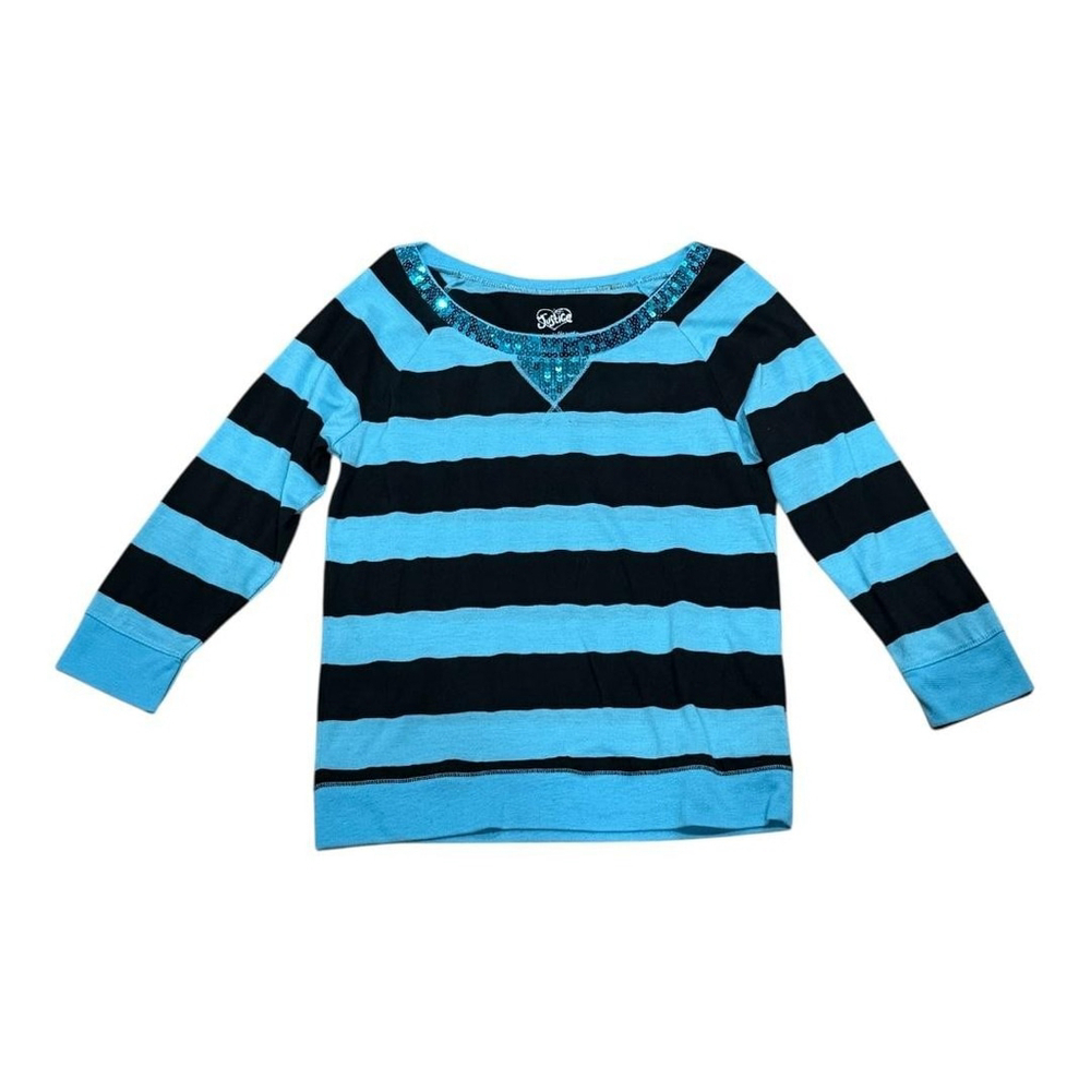 Justice Shirt Girls 14 Blue Black Striped Sequin Neck 3/4 Sleeve Cotton Blend